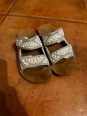 Beaded Pearl Double-Strap Slide Sandals - White Bead Accents